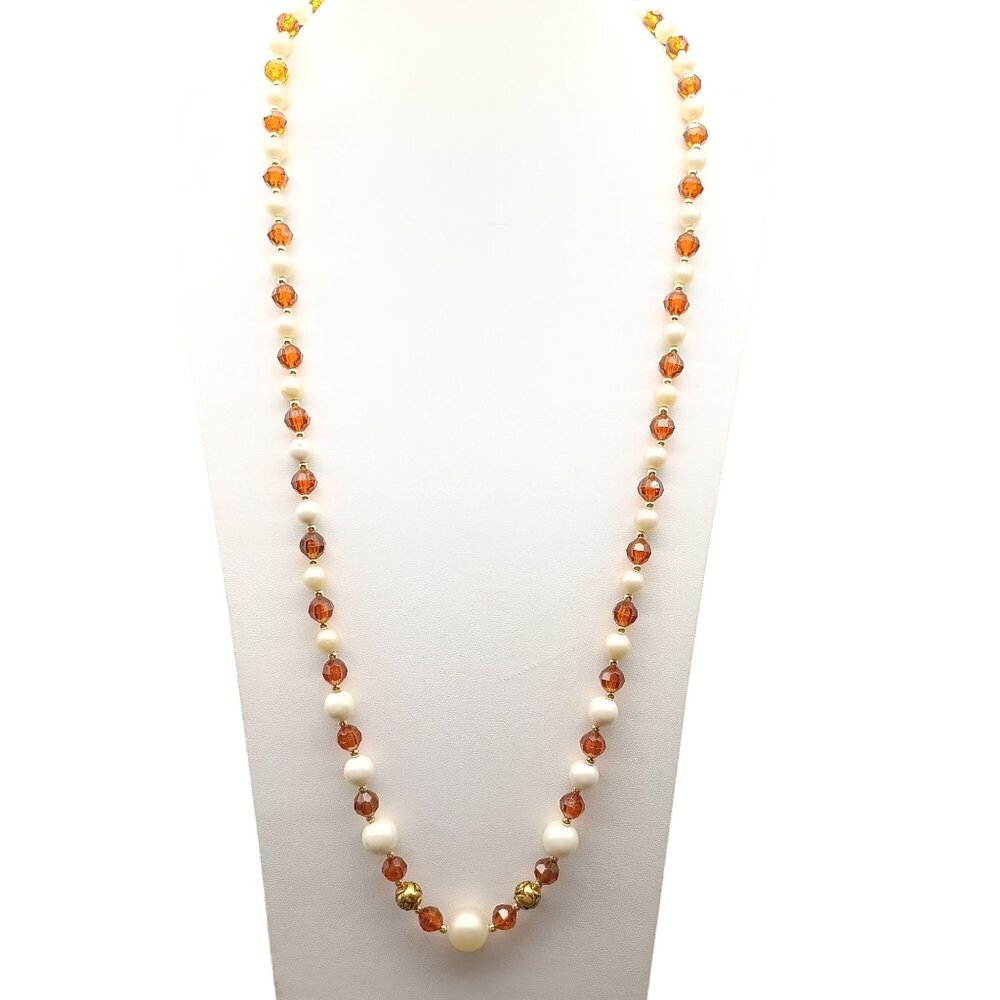 Vintage Orange & Pearl Bead Necklace with Gold Tone Accents